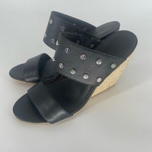 Rebecca Minkoff Black Leather Emily Studded Espadrille Wedge Sandals Size‎ 9.5
